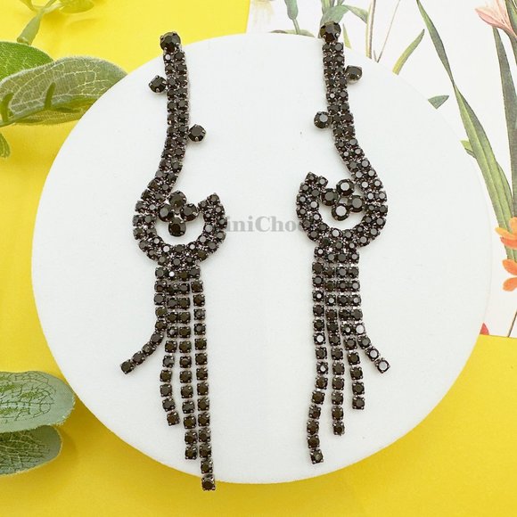 Elegant Black Rhinestone Cluster Long Dangle Tassel Earrings - Picture 5 of 8